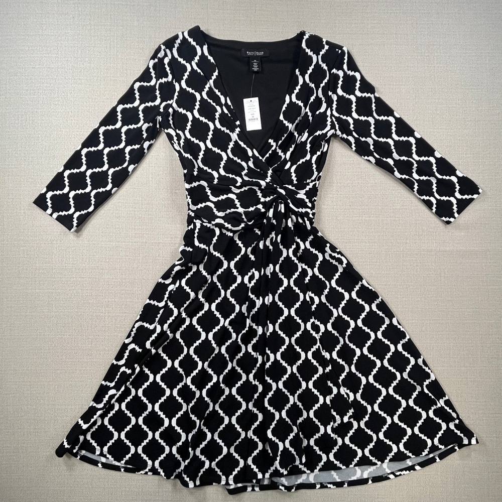 White House Black Market Dress 00 Black White Geometric Faux Wrap 3/4 Sleeve NEW